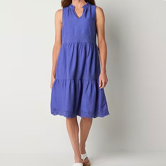 St.John's Bay Sleeveless embroidered A-line dress, Blue, NWT, sz M - Picture 1 of 8